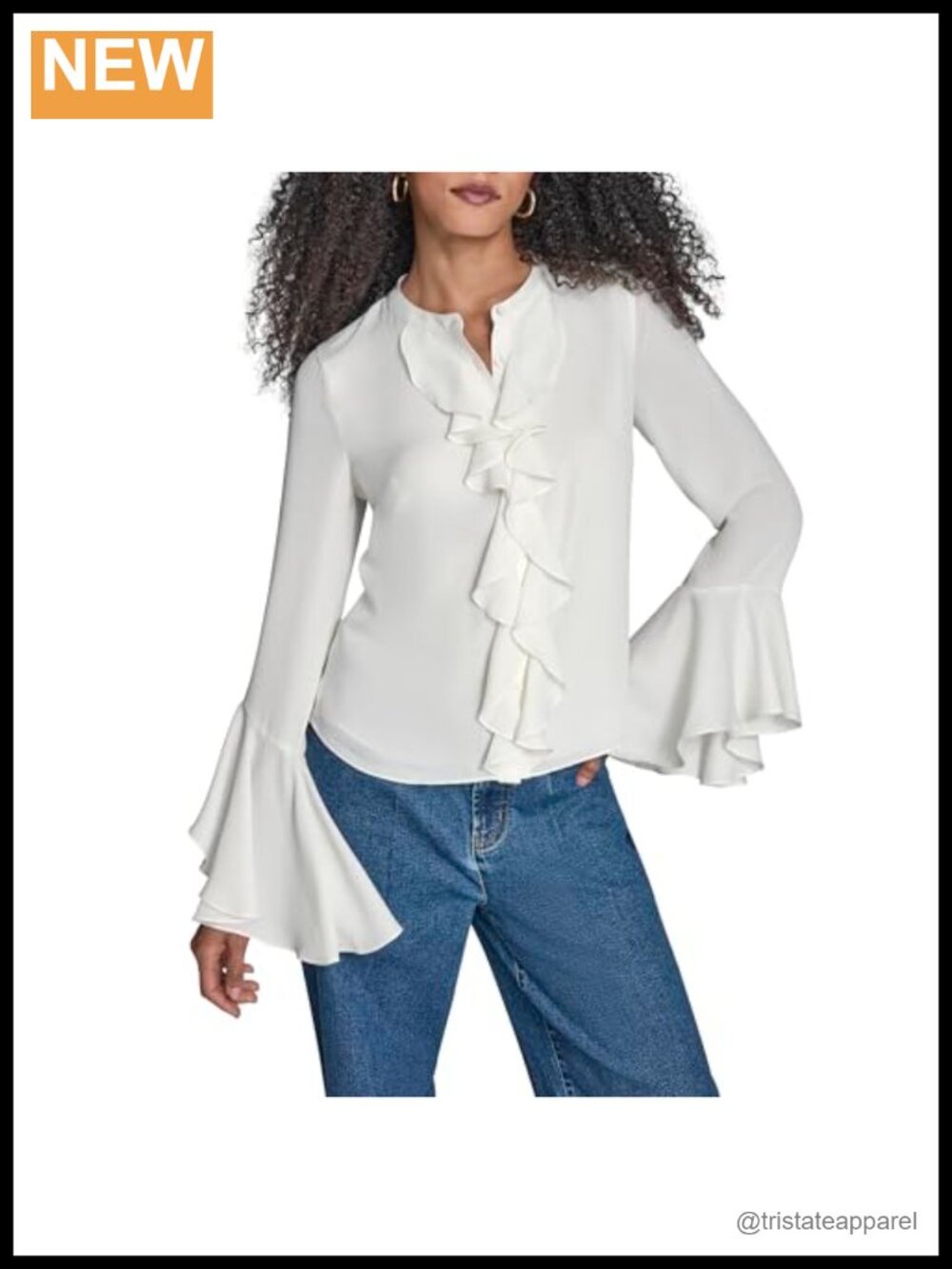 BCBG Women's Bell Sleeve Ruffle Front Boho Blouse